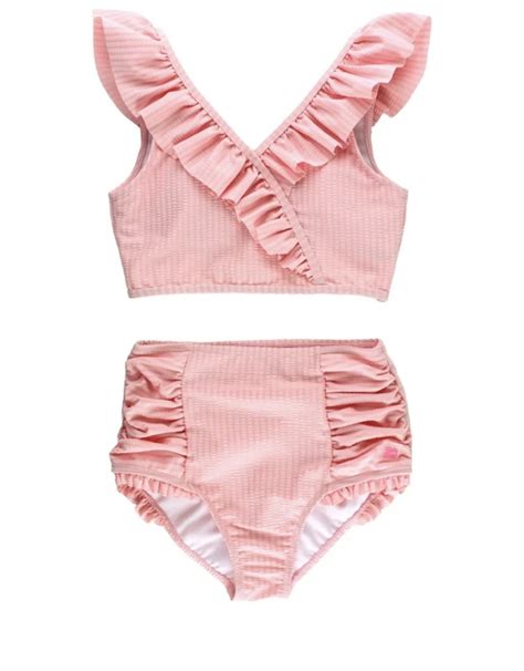 Pink Seersucker Tween Ruffle V Neck Bikini Swim Marlee Janes