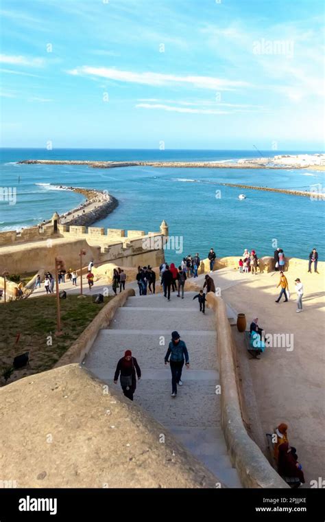 Rabat, Morocco - March 1, 2020 : Tourists and locals walk on steps that ...