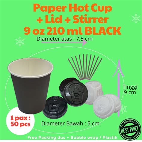 Jual Paper Hot Cup 9 Oz BLACK Tutup Stirrer Isi 50 Pcs Gelas Kertas Paket Lengkap Shopee