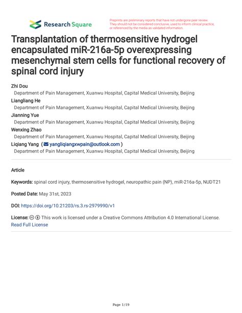 Pdf Transplantation Of Thermosensitive Hydrogel Encapsulated Mir A