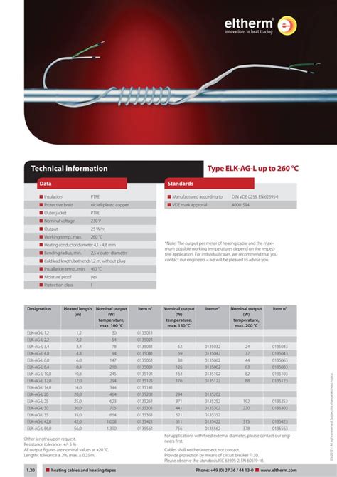 Eltherm ELK AG L Heat Trace Cable Spec Sheet PDF