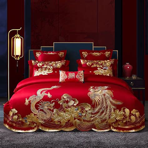 Zpta Luxury Red Chinese Wedding Style Bedding Set Gold Loong Phoenix