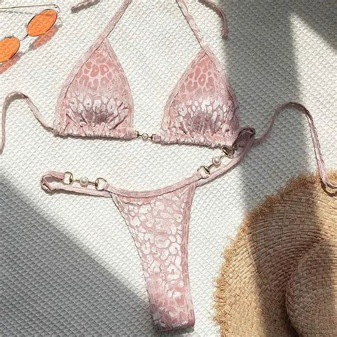 Leopard Print Adjustable Straps Pink Bikini Swimsuit On Luulla