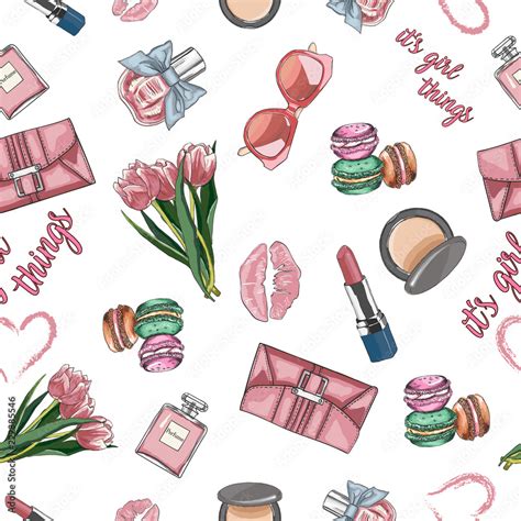 Seamless pattern of female accessories. Cute set of girly things. Fashion pattern. Hand drawn ...