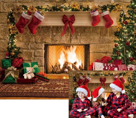 Christmas Fireplace Photography Background Indoor Christmas Tree Ts