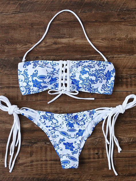 Blue Floral Print Lace Up Strappy Bikini Set Shein Sheinside