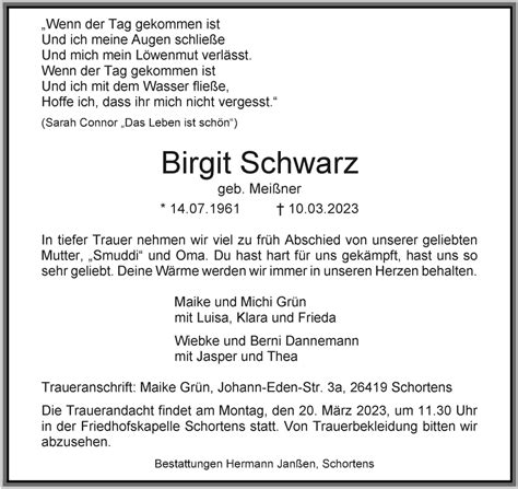 Traueranzeigen Von Birgit Schwarz Nordwest Trauer De