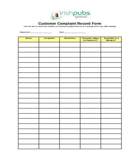 Free Customer Complaint Log Template Printable Templates