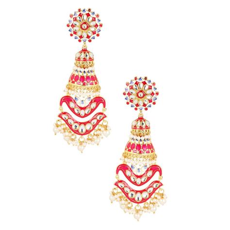 Buy Oomph Pink Meenakari Enamel And Kundan Large Floral Jhumka Earrings