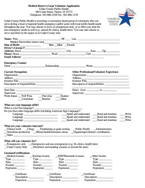 Fillable Online Cedarcounty Medical Reserve Corps Volunteer Application