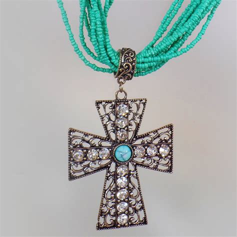 Cross Necklace Vintage Necklace Turquoise Cross Necklace Etsy