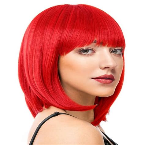 Red Bob Wig With Bangs 12 Inch Short Synthetic Fiber Bob Wigs For Women