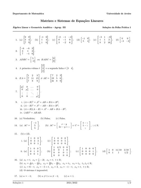 Soluções Da Folha Prática 1 Sobre Matrizes E Sistemas De Equações