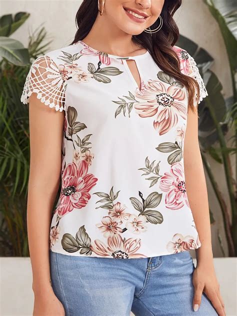 Floral Print Blouse Plus Size Elegant Contrast Lace Short Temu