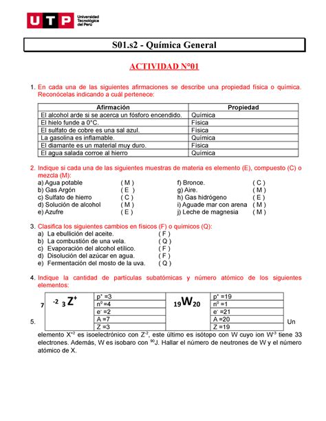 Grupo 1 Ejercicios S01 Practica S01 Química General Actividad N° En Cada Una De Las