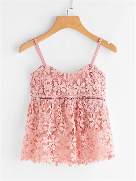 Pink Embroidered Floral Lace Applique Cami Top Sheinsheinside