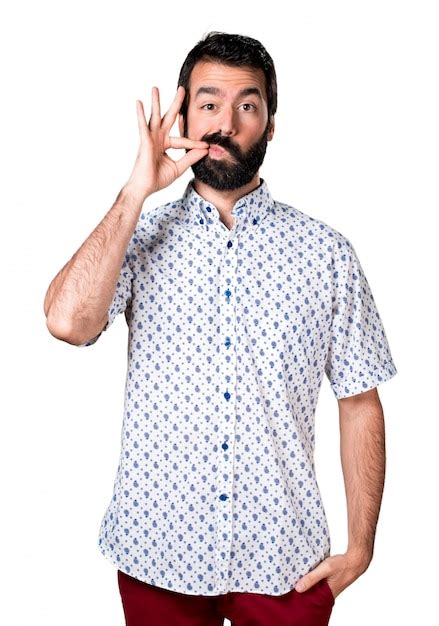 Free Photo Handsome Brunette Man With Beard Making Silence Gesture