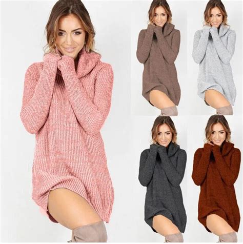 Fashion Winter Sweater Dress Women Casual Turtleneck Long Knitted