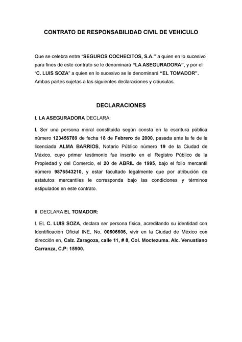 Contrato DE Seguro DE AUTO CONTRATO DE RESPONSABILIDAD CIVIL DE