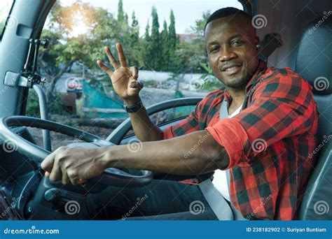 Smiling Truck Driver Man Thumbs Up Satisfied Service Transport Stock