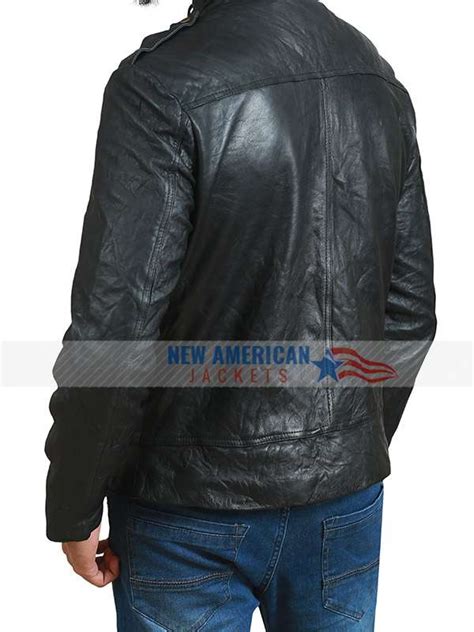 Men Casual Snap Tab Collar Black Leather Jacket New American Jackets