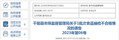 陕西省千阳县市场监管局关于1批次食品抽检不合格情况的通告（2023年第06号） 中国质量新闻网