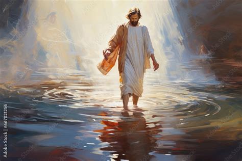 Peter walking on water towards Jesus - biblical story Stock Photo ...