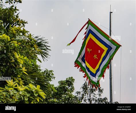 Vietnamese Buddhist Temple Flags With The 5 Symbolic Colors Stock Photo