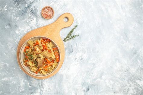 Plate Of Pilaf Traditional Uzbek Dish Rice With Vegetables Stock