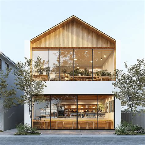 Front view of two story coffee shop wooden architecture | Premium AI