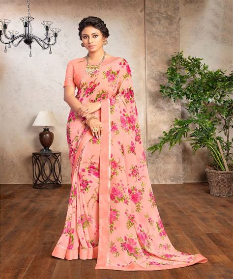 Peach Color Georgette Printed Saree With Fancy Border And Fancy Blouse Piece Roop Kashish