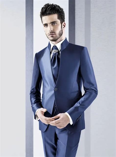 Latest Coat Pant Design Italian Navy Blue Satin Men Suit Style