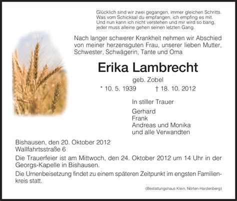 Traueranzeigen Von Erika Lambrecht Trauer HNA De