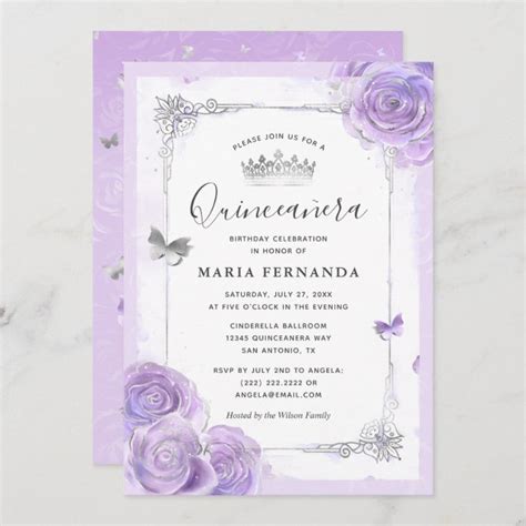 Silver Light Purple Roses Elegant Quinceanera Invitation