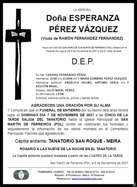 FUNERAL ESPERANZA PÉREZ VÁZQUEZ Funeraria Lourido