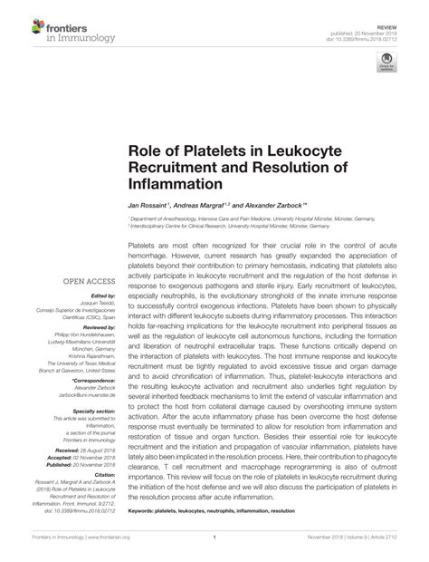 PDF Role Of Platelets In Leukocyte Recruitment And Resolution Of