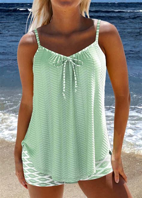 Bowknot Geometric Print Sage Green Tankini Set Usd 37 98