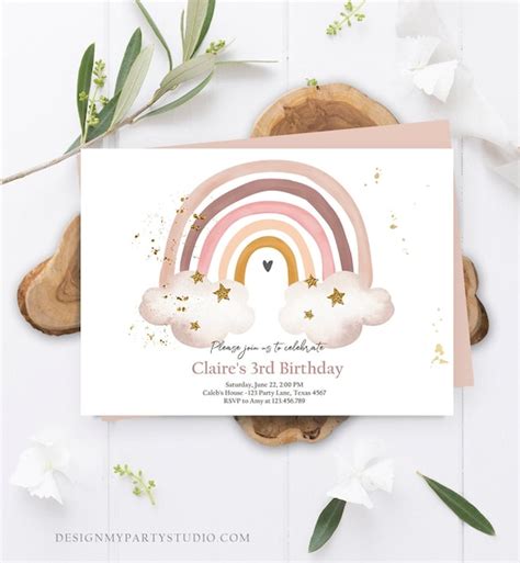 Editable Rainbow Birthday Invitation Boho Rainbow Invite Pastel 1st