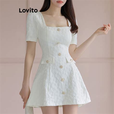 Lovito Elegant Plain Button Front Fake Pocket Dress For Women LNE57329