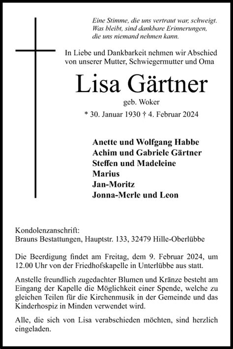 Traueranzeigen von Lisa Gärtner Trauer MT de