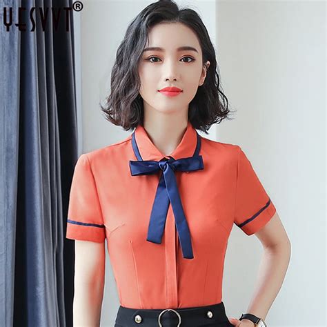 Yesvvt 2018 Summer Chiffon Blouse Bow Tie Shirt Short Sleeve White