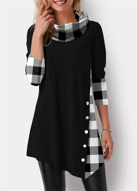 Rotita Asymmetric Hem Cowl Neck Plaid Print Tunic Top Cowl Neck Tunic