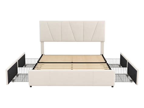 Lit Rembourr King Size Avec Quatre Tiroirs De Rangement Beige Cm