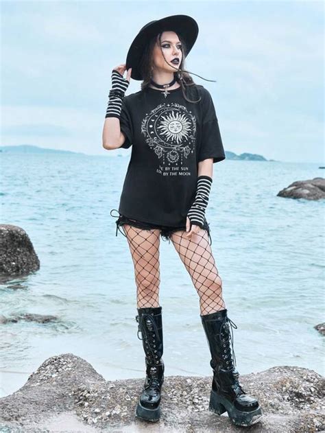 Goth Sun Moon Graphic Oversized Tee SHEIN USA