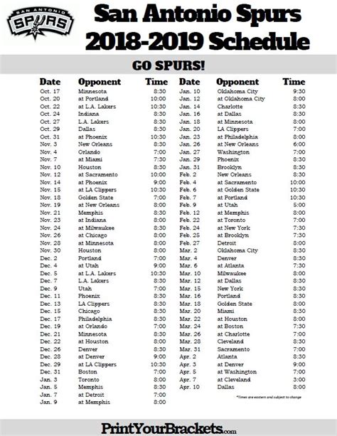 Printable Spurs Schedule