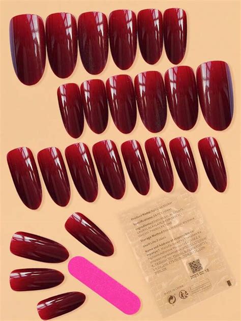 Elevate Your Style With 24pcs Long Coffin Burgundy Solid Glossy Plain Fake Nail And 1sheet Tape