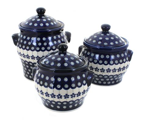 Blue Rose Polish Pottery Flowering Peacock Canister Set