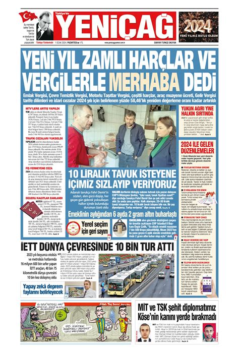 Türkiye de Yeni Çağ Gazetesi 1 Ocak 2024 Pazartesi Günü Manşeti