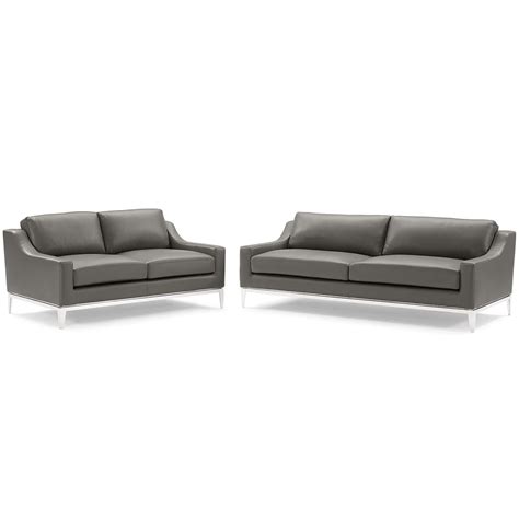 Loveseat and Sofa Set, Leather, Steel, Grey Gray, Modern Contemporary ...