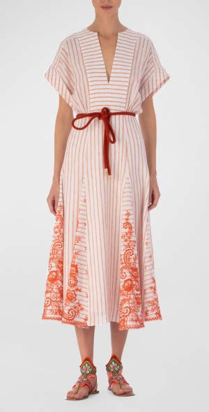 Silvia Tcherassi Casandra Floral Embroidered Godet Belted Midi Dress